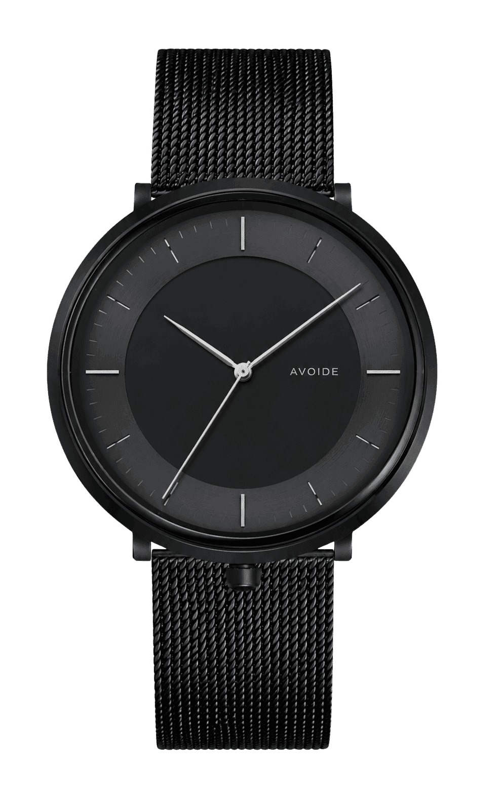 Black mesh watch with annotated specifications